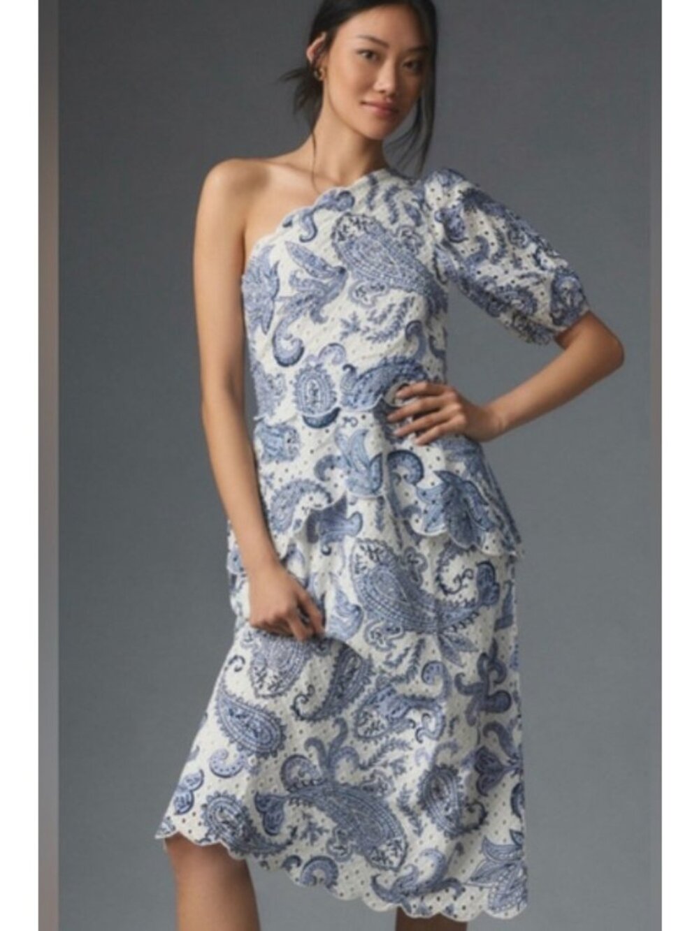 Farm Rio One‎ Shoulder Eyelet Midi Dress Womens XSmall Blue Lined New